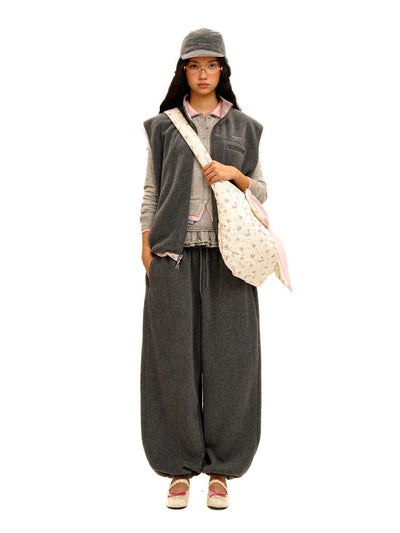 [Moromoro2] Patchwork Print Fleece Vest /  Pants