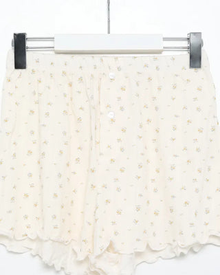 Flower Henley Neck Scallop Short Sleeve Shirt & Pants Set