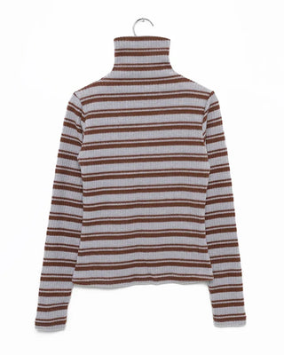 High-neck striped slim rib brushed long T-shirt