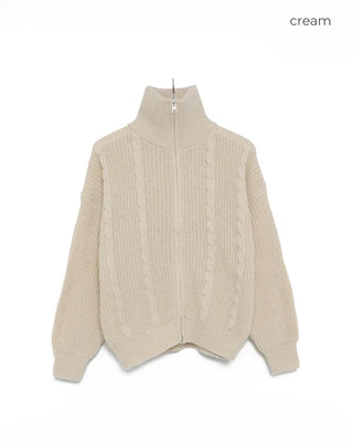 Cable knit high neck half-zip sweater
