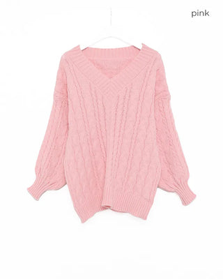 V-neck Cable Balloon Sleeve Long Knit