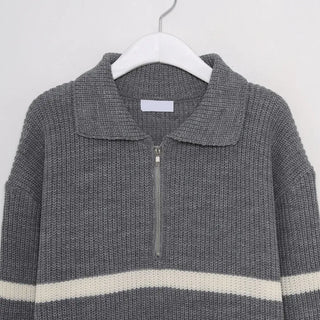 (Unisex) Color Semi-Zip Striped Knitwear