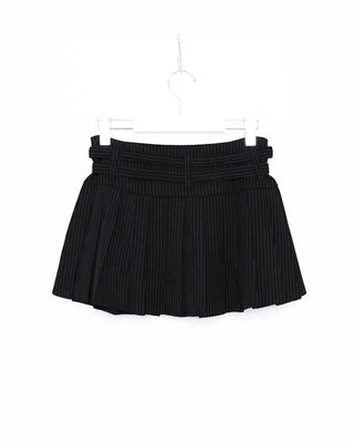 Double-belted pinstripe mini skirt