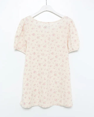 Short puff-sleeve walnut button pocket gauze tunic