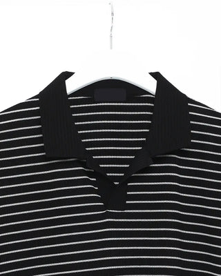 (Unisex) Striped Open Collar Short Sleeve T-Shirt