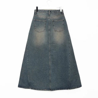 Stitched flared long denim skirt
