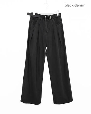 Double-pleated cotton wide-leg pants and belt set
