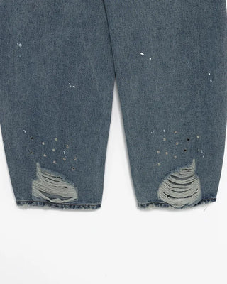 Studded distressed hem balloon denim pants