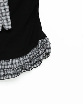 Checked frill shirred half-sleeve T-shirt