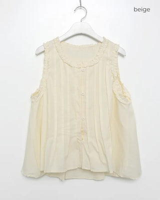 Pintuck frill sleeveless flared button blouse