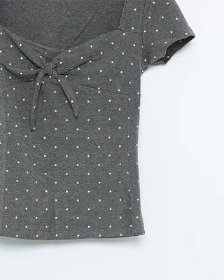 Lace trim polka dot front ribbon short-sleeved T-shirt