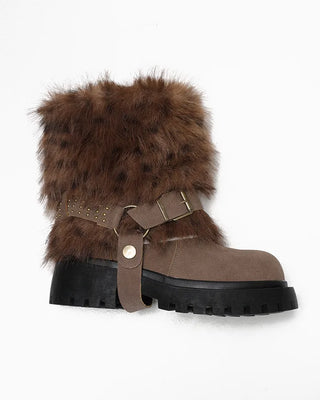 Harness-attached pattern fur suede short boots
