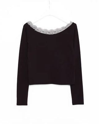 Scalloped Lace Off-Shoulder Neck Long T-Shirt
