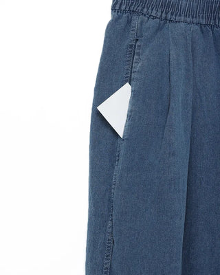 Denim wide-leg pants with elastic waistband and drawstring