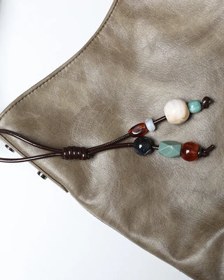 Ethnic Keyring Set One-Shoulder Leather Tote Bag