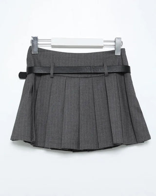 Belted Pinstripe Pleated Mini Skirt