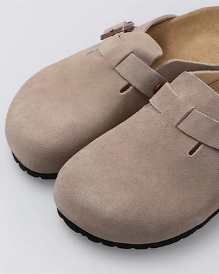 Suede texture buckle mules