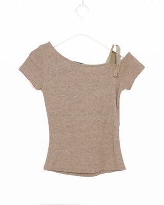 Ribbon Shoulder Butterfly Cap Ribbed T-Shirt