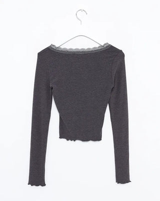 Lace V-neck ribbed slim T-shirt