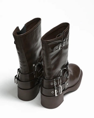 Double-belt round harness mid-calf boots