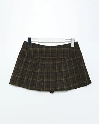 Checkered button pleated mini skirt