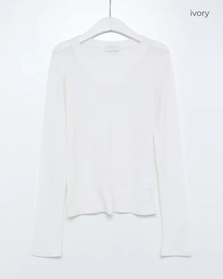 V-neck wool Tencel ribbed sheer long T-shirt