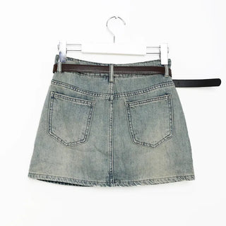 Belted denim mini skirt