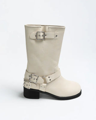 Round-toe biker mid-calf boots