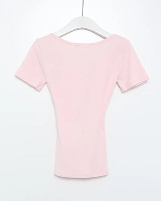 V-neck shirred short-sleeved T-shirt