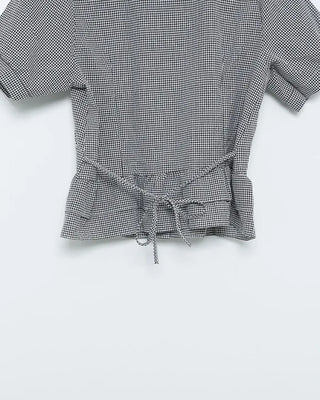 Stand-collar pleated short-sleeved blouse