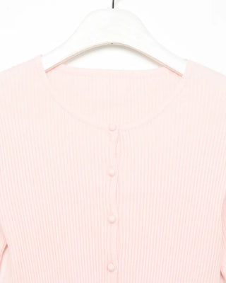 Frilled round neck ribbed cardigan