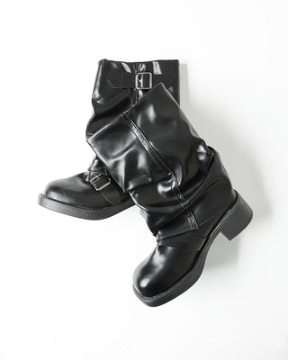 Buckle Point Leather Mid-Calf Boots