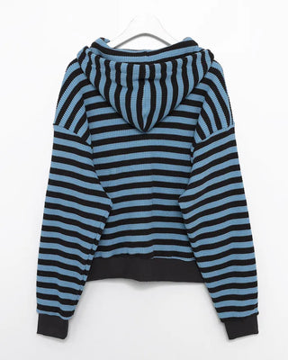 (Unisex) Striped Double Zip Waffle Knit Kangaroo Hoodie