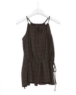 Checked sleeveless shirred blouse