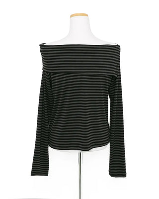 Striped off-shoulder long t-shirt