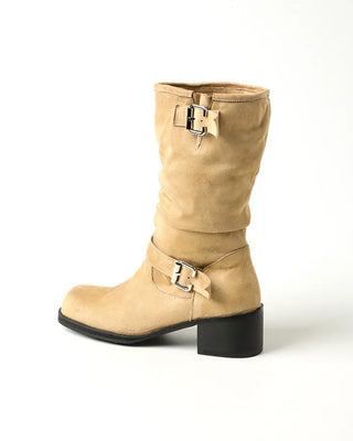 Buckle Shirring Mid-Calf Boots