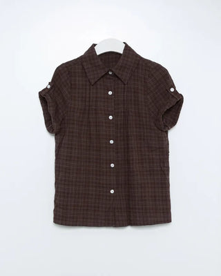 Checked pintuck short-sleeved blouse
