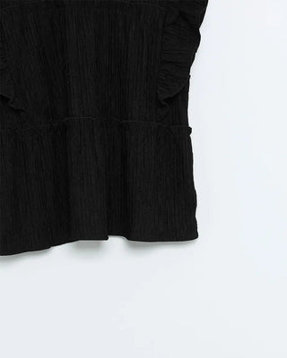 High-neck frilled neck and wide-leg pants set