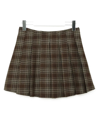 Square belt check pleated mini skirt
