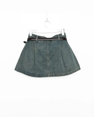 (Belt set) Denim pleated mini skirt