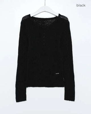 Henley neck sheer ribbed knit