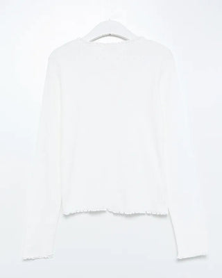 Half-button frill ribbed long T-shirt