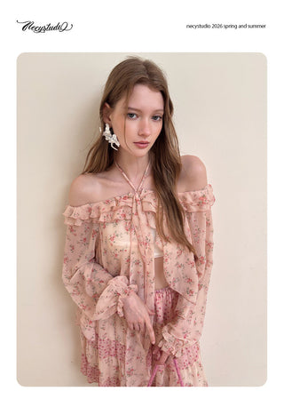 [NECY] Romance Floral Puff Chiffon Blouse