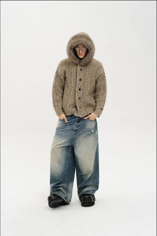 [MASONPRINCE] Cable Knit Fur Collar Wool Blend Cardigan
