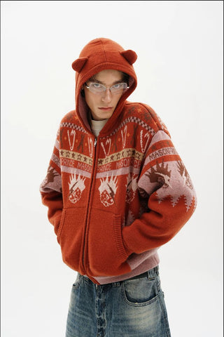 [MASONPRINCE] Funny Bear Fleece Lined Hooded Knit
