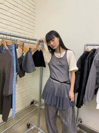 [NeverSeez] Mesh Layered Pleated Vest Dress