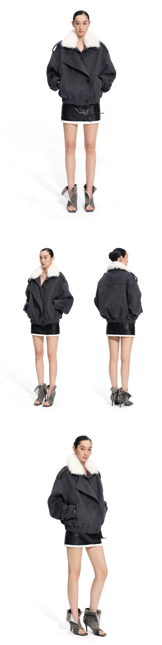 [NOTAWEAR] Faux Fur Collar Wool Blend Bomber  Jacket