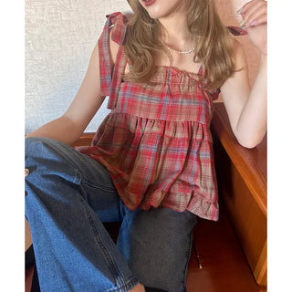Checked ribbon blouse