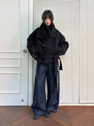 [NeverSeez] Raw Denim Wide-leg Jeans