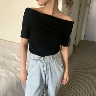 Shirred open shoulder T-shirt